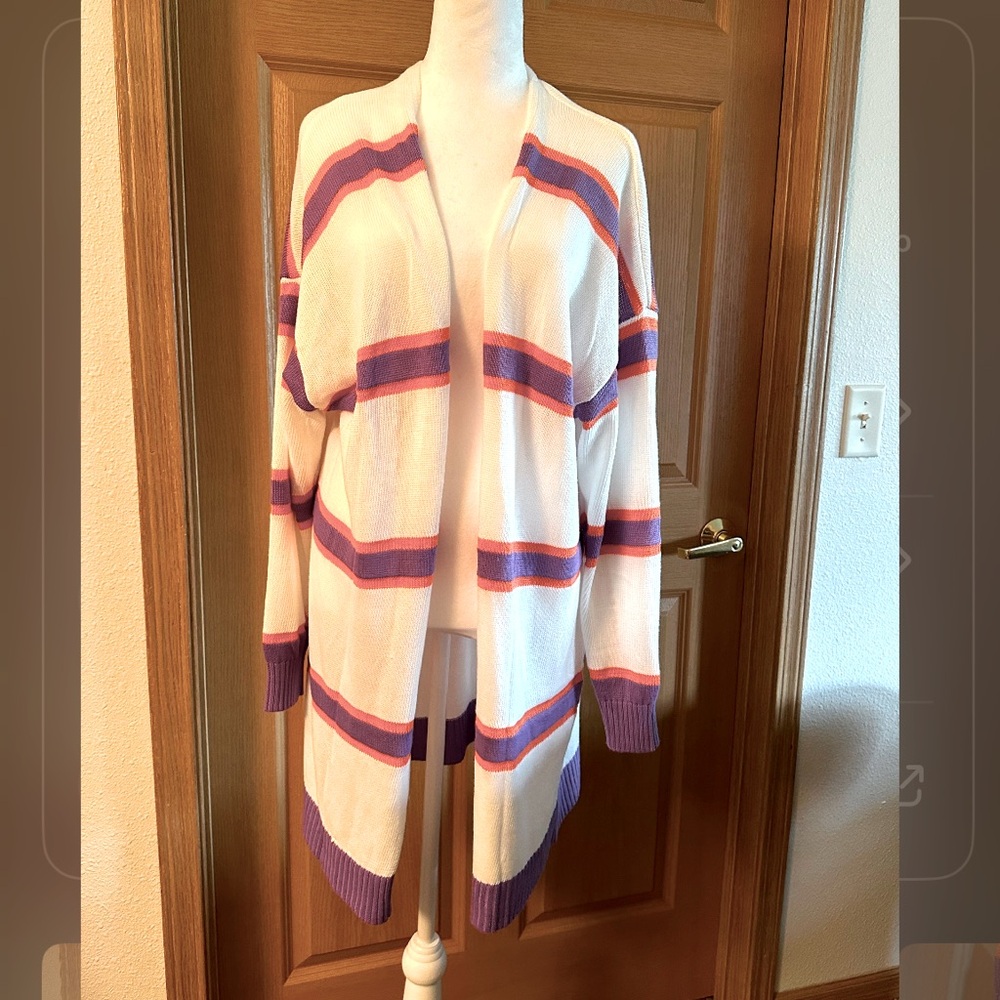 White With Purple & Orange Stripes Ribbed Cuffs & Trim Chunky Cardigan Sweater